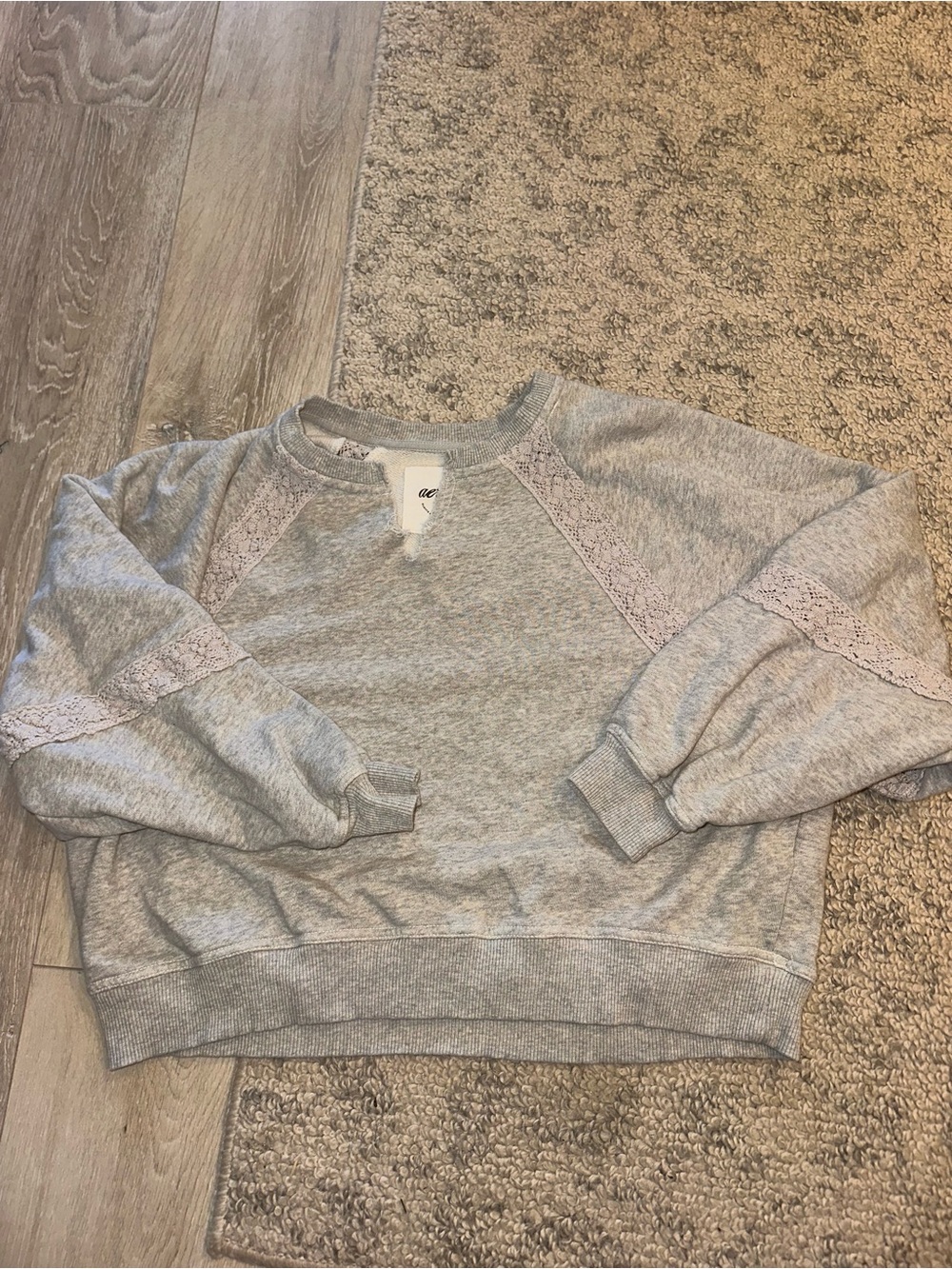 aerie Light Gray V-Neck Sweatshirt with Lace Trim